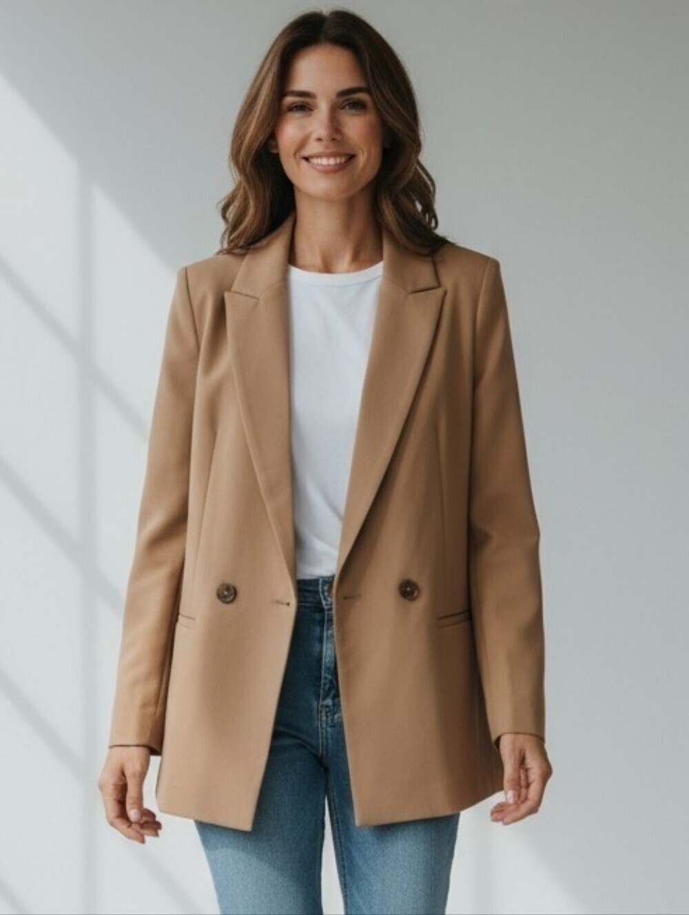 Express Women's Double Breasted Blazer Camel Tan Stretch Career Jacket Size S
